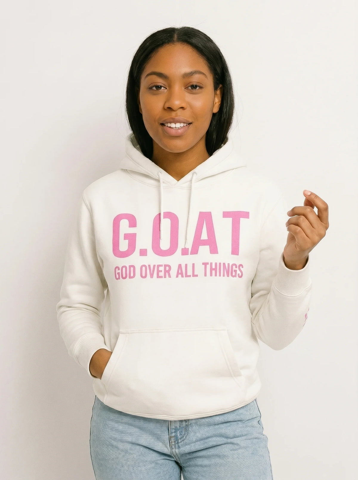 Faith In Every Thread | G.O.A.T |GOD OVER ALL THINGS| WHITE GUILTY PINK HOODIE