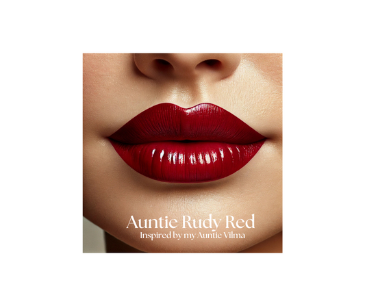 Auntie Rudy Red. Deep Wine Red Velvet Lipstick.