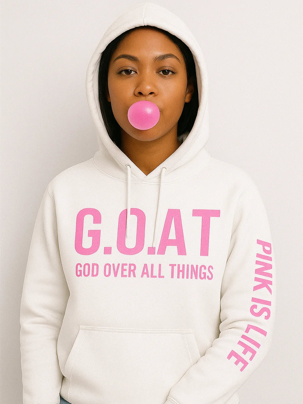 Faith In Every Thread | G.O.A.T |GOD OVER ALL THINGS| WHITE GUILTY PINK HOODIE