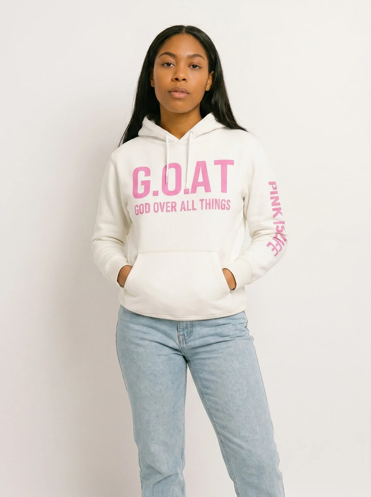 Faith In Every Thread | G.O.A.T |GOD OVER ALL THINGS| WHITE GUILTY PINK HOODIE