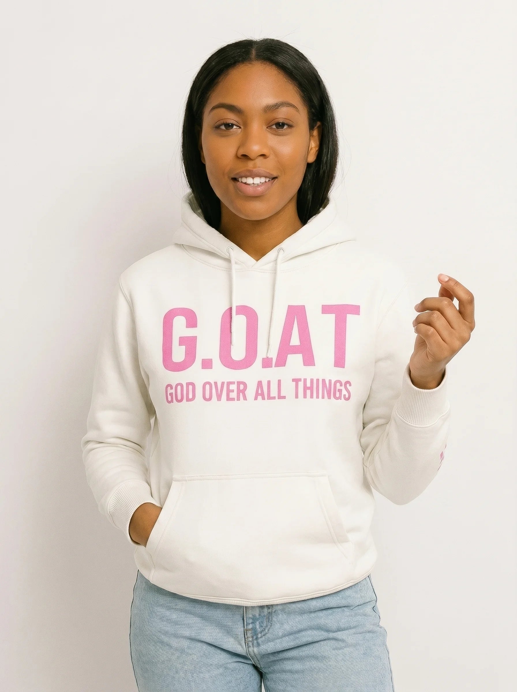 Faith In Every Thread | G.O.A.T |GOD OVER ALL THINGS| WHITE GUILTY PINK HOODIE