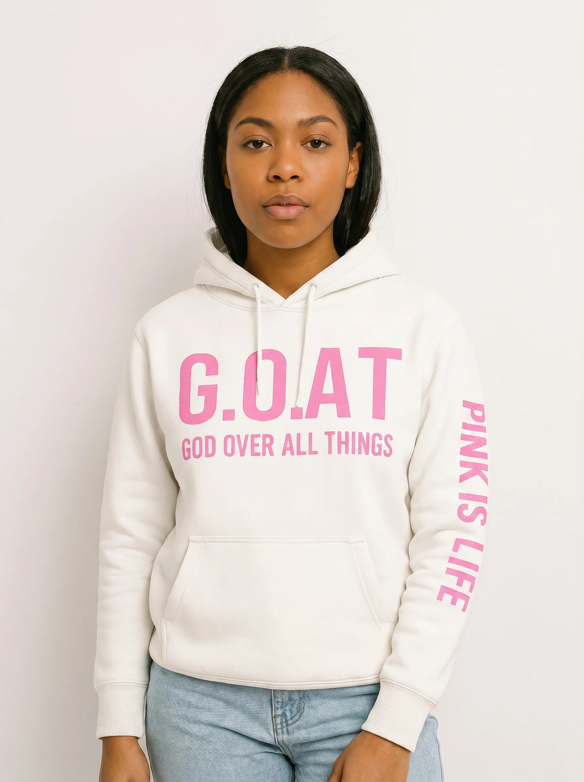 Faith In Every Thread | G.O.A.T |GOD OVER ALL THINGS| WHITE GUILTY PINK HOODIE