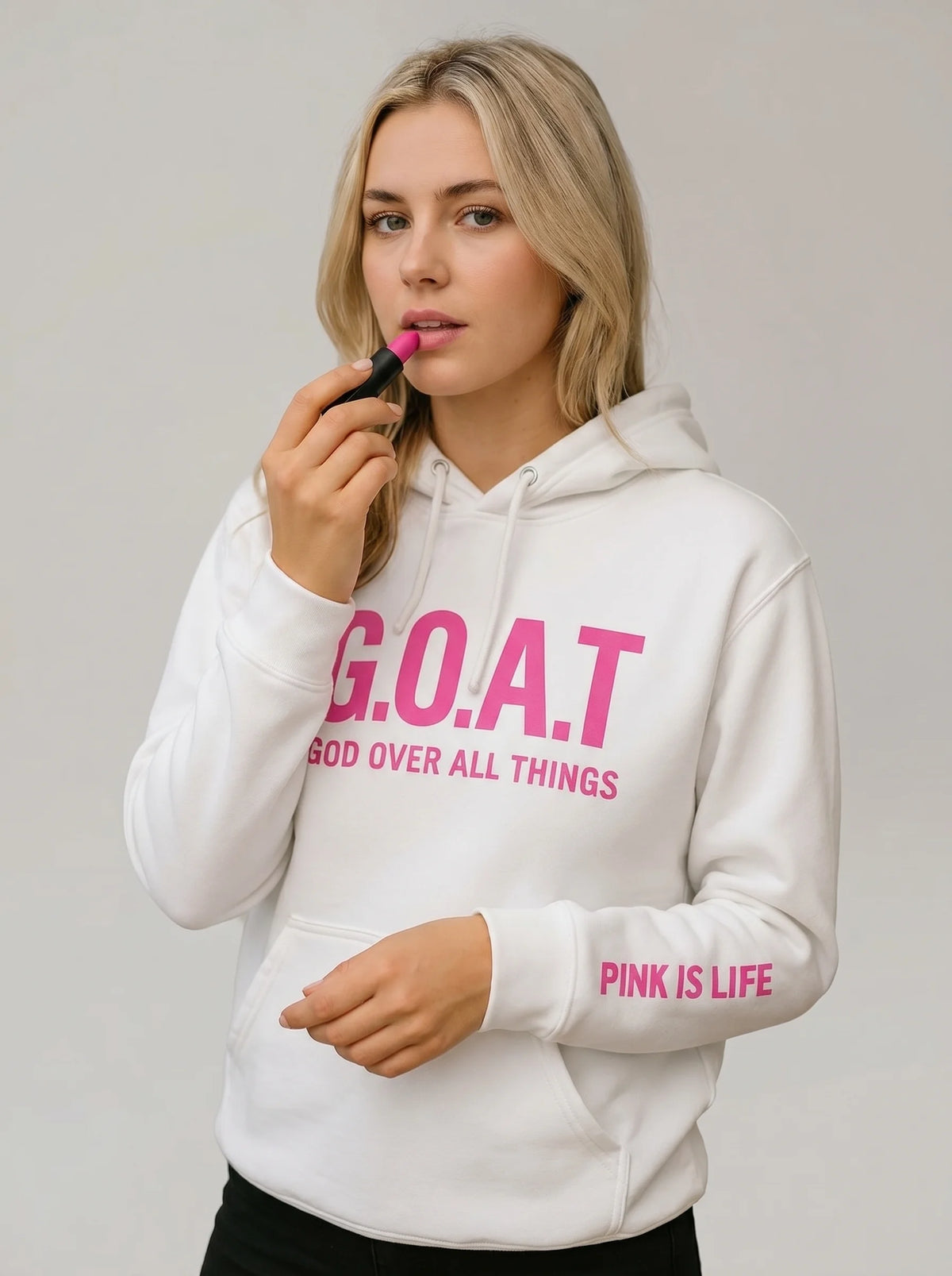 Faith In Every Thread | G.O.A.T |GOD OVER ALL THINGS| WITH A HINT OF PINK PULLOVER HOODIE